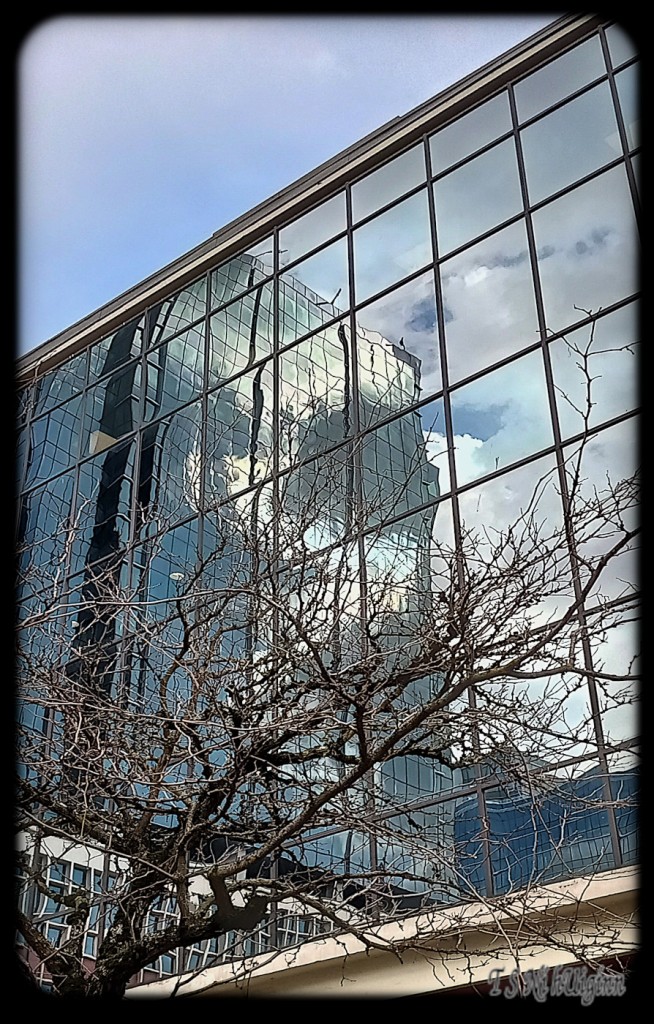 Clouds reflecting and buildings reflecting on building by by Salish photographer TS Ni hUiginn