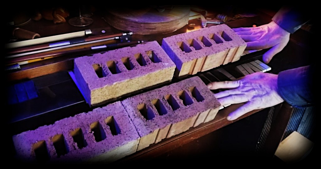 A still image of bricks on an organ from Paul Clifford's Jawshop Adventure audio recording studios
