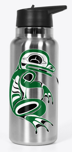 'Water Spirit Water Bottle' a Traditional Pacific Northwest Native Frog Design by Sechelt Artist Charlie Craigan.